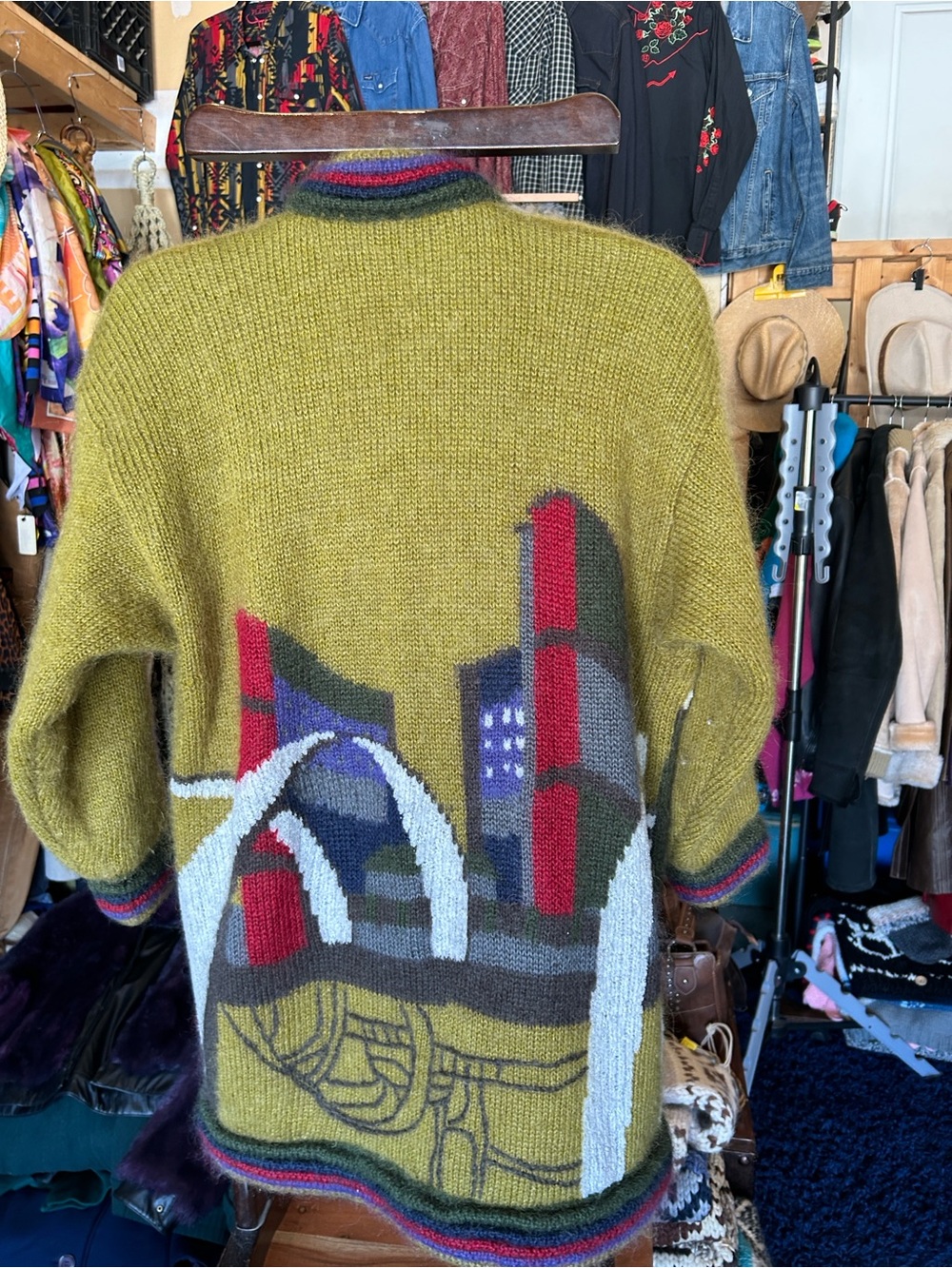 Vintage Olive Green Scenic Knit Button-Front Sweater Jacket - Picture 9 of 12